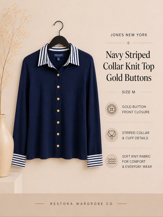 Jones New York Tops - Jones New York Navy Striped Collar Knit Top Gold Buttons M